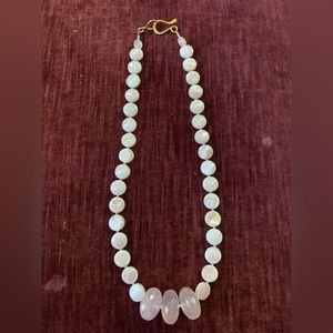 Mother of Pearl and Rose Quartz necklace with 14k gold-fill hood and eye clasp